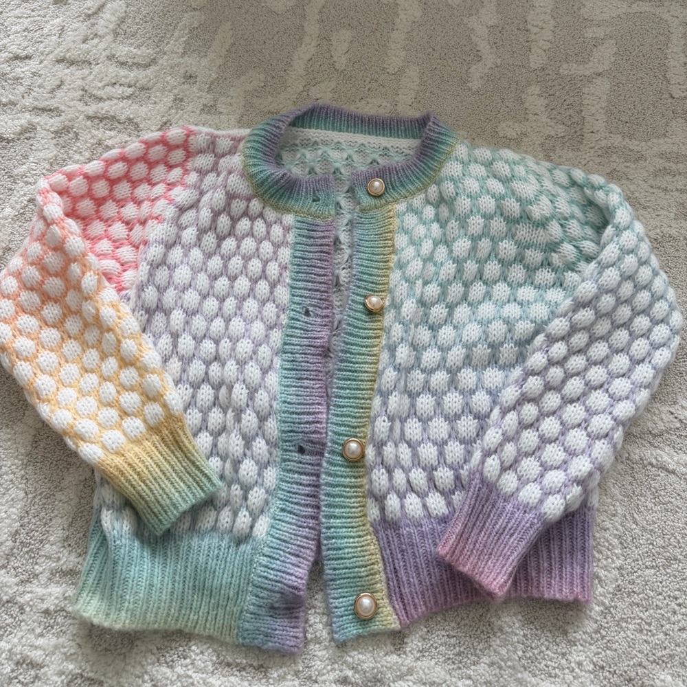 Colorful knit cardigan with pearl and gold buttons